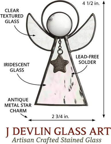 Miniatura 3 de J Devlin Glass Art Adorno de ángel de vidrieras – Atrapasoles de vidrio iridiscente con alas texturizadas transparentes y acento de estrella