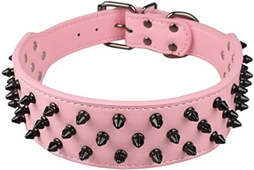 Miniatura 4 de Dogs Kingdom Collar de cuero negro de perro, collar tachonado y con puas, 2 pulgadas de ancho, 31 puas 52 tachas para Pit Bull y Boxer., L, Negro
