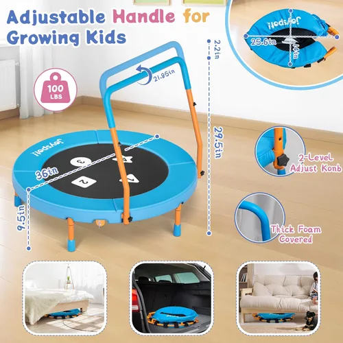 Miniatura 3 de 3FT Toddler Trampoline with Adjustable Handlebar, 36" Foldable & Spring-Free, Mini Kids Indoor Outdoor Trampoline for Ages 1-6, Noiseless Jumping