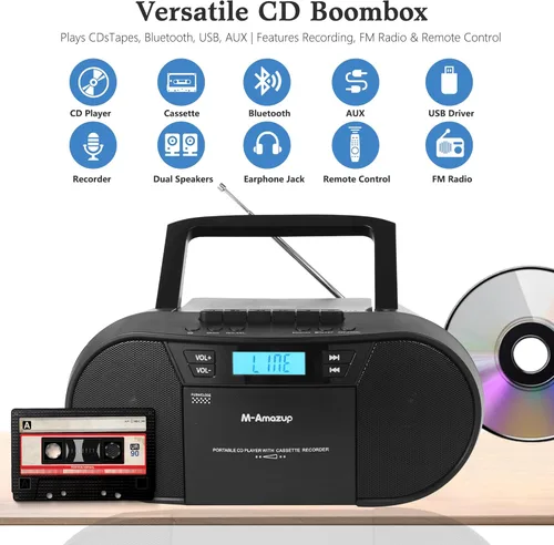 Miniatura 2 de Boombox Reproductor de CD Portátil, Combo Reproductor de Casetes con CD MP3 Bluetooth AUX TF USB Radio FM Alimentado por AC/DC, Caja de Boom