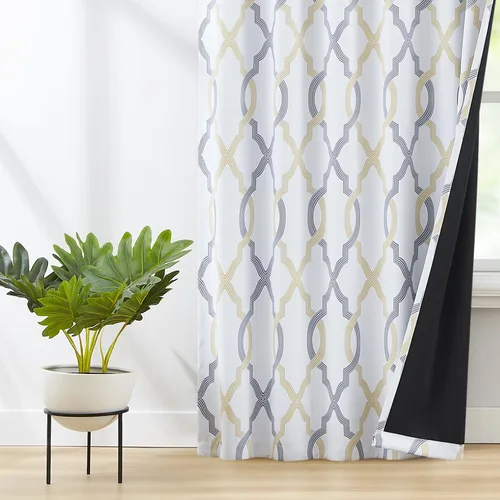 Miniatura 8 de FMFUNCTEX Cortinas 100% opacas de 84 pulgadas de largo para dormitorio, cortinas con patrón geométrico amarillo gris sobre blanco, cortinas