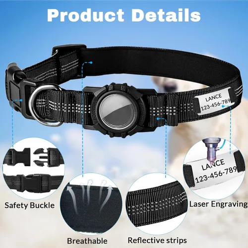 Miniatura 6 de Collar de perro personalizado Airtag con soporte para Airtag, collar de perro Airtag personalizado con nombre y número de teléfono grabados, tela
