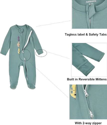 Miniatura 2 de Aablexema Pijama de bebé con puños de manopla, doble cremallera, ropa de algodón para bebés, pijamas para dormir con pies