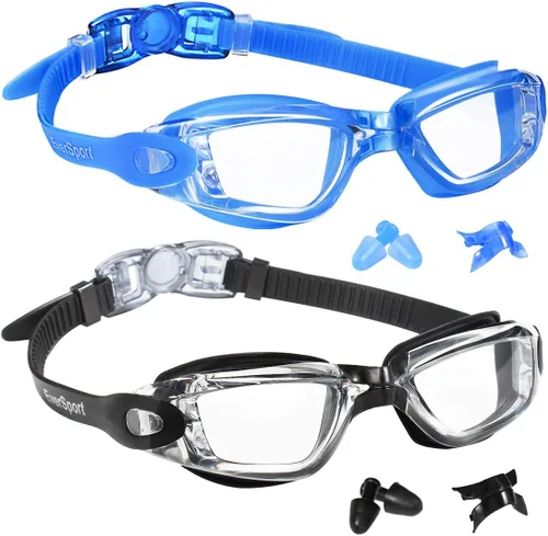 EverSport Gafas de Natación Paquete de 2 Gafas de Natación Antivaho para Adultos, Hombres, Mujeres, Jóvenes y Niños Cristal azul y negro