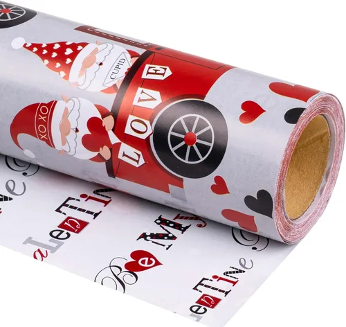 RUSPEPA Rollo de papel de regalo reversible, mini rollo, diseño de pareja de gnomos rojos en camión, ideal para el día de San Valentín, fiesta y