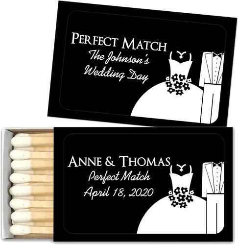 Partidos personalizados para recuerdos de boda, partidos de boda personalizados, diseños de silueta (juego de 50 cajas de cerillas) (caja negra)