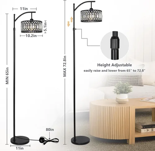 Miniatura 2 de Crystal Floor Lamps for Living Room, Modern Arc Floor Lamp, Black Standing Lamp with Edison Bulb, Height Adjustable Tall Lamp for Bedroom, Corner