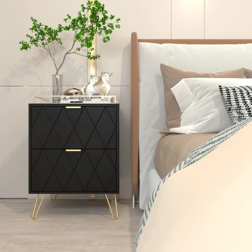 Miniatura 5 de Anbuy Juego de 2 mesitas de noche color negro con asa dorada, mesa de noche con 2 cajones, juego de 2 mesitas de noche con patas doradas