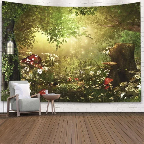 Miniatura 14 de EMMTEEY Tapiz de pared con bosque - Árbol de pino verde y niebla, arte de pared natural, 80x60 pulgadas, tapiz grande de estilo bohemio para sala