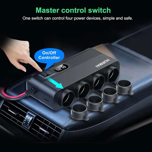 Miniatura 5 de Cargador de Coche Resistente de 10 Pies 12V/24V, Adaptador de Encendedor de Cigarrillos de 216W de 7 Puertos con Carga Rápida USB-C PD30W/QC3.0