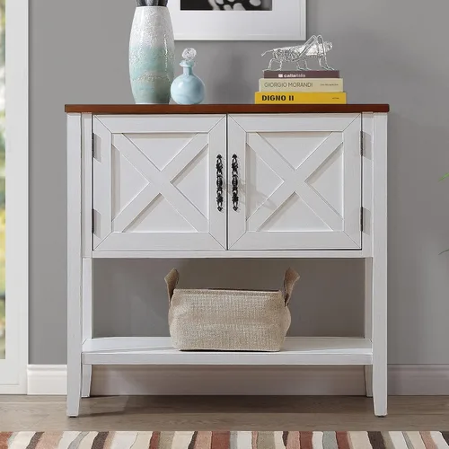 Mesa consola de granja de madera maciza con estante inferior y armario de 2 puertas para sala de estar, entrada, muebles de cocina y comedor (blanco