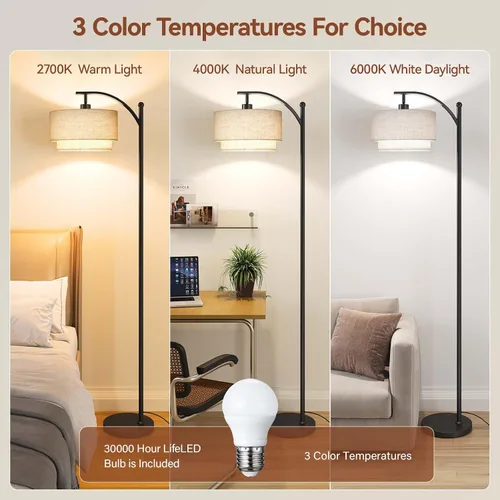 Miniatura 2 de Lámparas de pie SUNMORY para sala de estar con bombilla LED de 12W, lámpara de pie de arco con 3 temperaturas de color, lámparas de pie modernas
