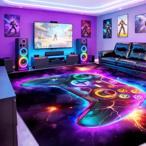 Miniatura 16 de Alfombra de área de juegos neón de 3 x 5 pies para habitación de niños, alfombra colorida de control de juegos para decoración de habitación