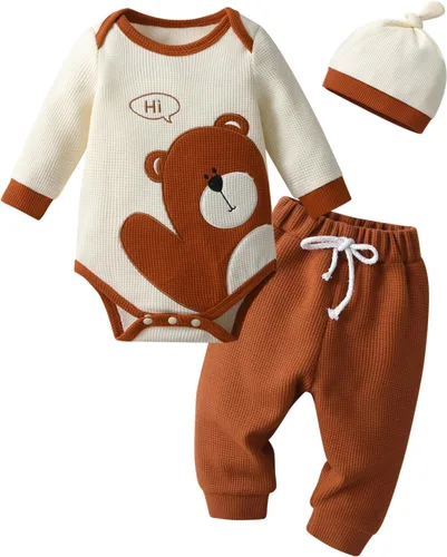 Miniatura 50 de Conjunto de 3 piezas de ropa de bebé recién nacido con estampado de manga larga + pantalones + sombrero