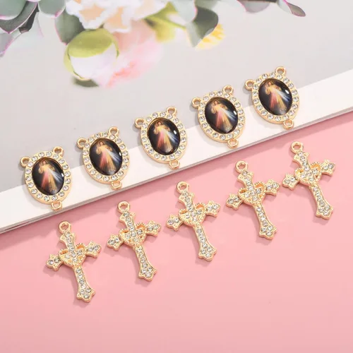 Miniatura 3 de Juego de 20 piezas de conectores de medalla de santos católicos con diamantes de imitación y dijes de cruz de cristal para suministros religiosos