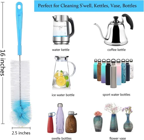 Miniatura 3 de ALINK Juego de 5 cepillos azules para botellas + cepillo de limpieza de drenaje de fregadero