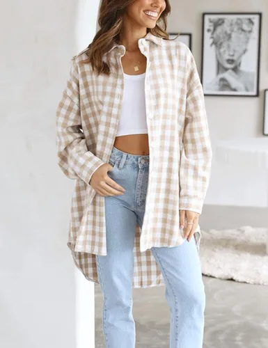 Miniatura 4 de Zontroldy Chaqueta corta de pana a cuadros para mujer, con botones, de manga larga, con botones, Marrón