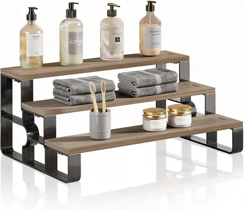 Miniatura 9 de Organizador de encimera de baño con cesta de artículos de tocador, estante de almacenamiento de encimera de baño de 2 niveles con almohadilla
