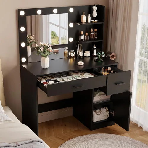Miniatura 2 de YESHOMY Escritorio de tocador con espejo, 10 luces, toma de corriente y 3 estantes de almacenamiento, mesa de maquillaje con 2 cajones y 1 gabinete