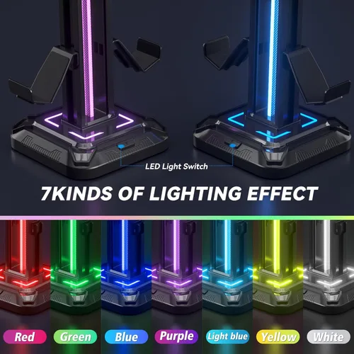 Miniatura 3 de KDD RGB Headset Stand with 9 Light Modes - Controller Holder for Desk - Rotatable Headphone Stand & Detachable Controller Hook for PC Earphone