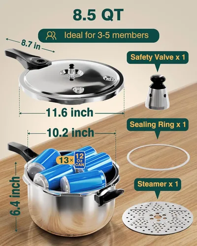 Miniatura 6 de Olla de presión WantJoin, olla de presión de acero inoxidable de 8 cuartos, olla a presión compatible con inducción con dispositivos de seguridad