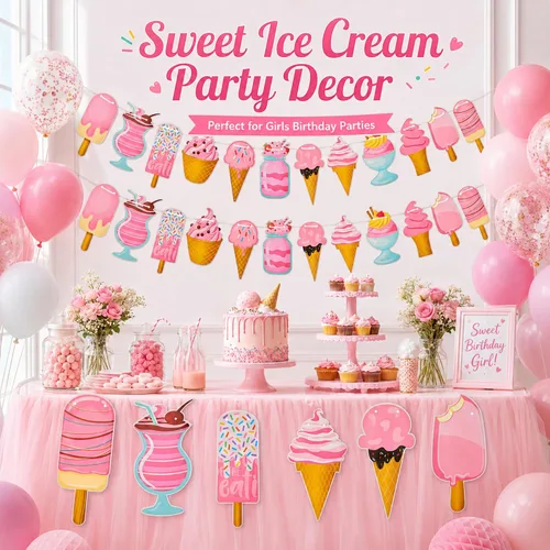 Miniatura 5 de Outus 2 pancartas de helado de 118 pulgadas, guirnalda de decoración de fiesta de helado para cumpleaños, baby shower, cumpleaños de niñas, mesa