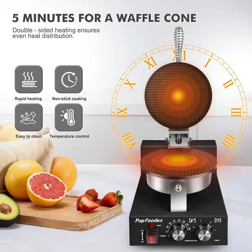 Miniatura 3 de Máquina comercial para hacer conos de gofres – Máquina comercial de cono de helado de 1200 W con sartén antiadherente de 8 pulgadas y temperatura
