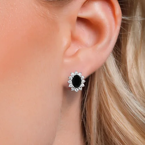 Miniatura 241 de Gem Stone King Aretes ovalados de plata de ley 925 de 0.276 x 0.197 in con piedra natal de la princesa Diana, estilo halo real para mujeres