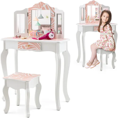 Miniatura 11 de GLACER Vanity - Tocador de maquillaje 2 en 1 con parte superior desmontable, espejo de tres pliegues, cajón, taburete, juego de mesa y silla