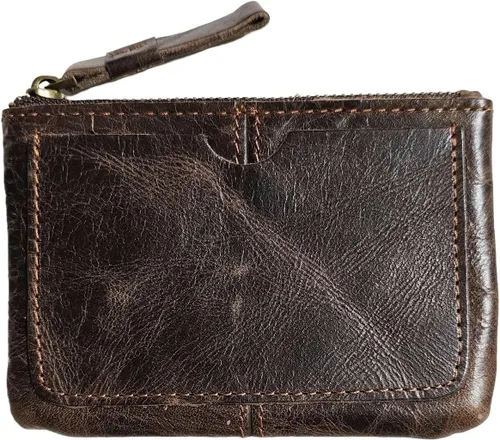Miniatura 9 de Monedero de cuero genuino para mujeres y hombres, estilo vintage, cuero de grano de vacuno, delgado, minitarjetero con cremallera de metal con asa