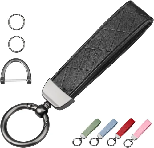 Miniatura 15 de QBUC Llavero de coche estilo fibra de carbono, llavero portallaves de cuero de microfibra para hombres y mujeres, con giratorio de 360 grados, Negro