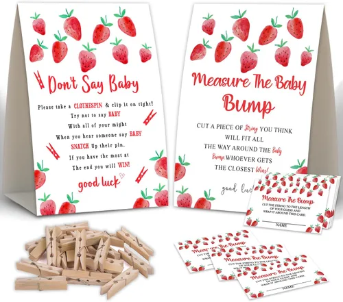 QOFO 2 juegos de fresa para baby shower, no digas juegos de pinzas para la ropa, mide la panza del bebé, decoraciones de baby shower, juego de baby