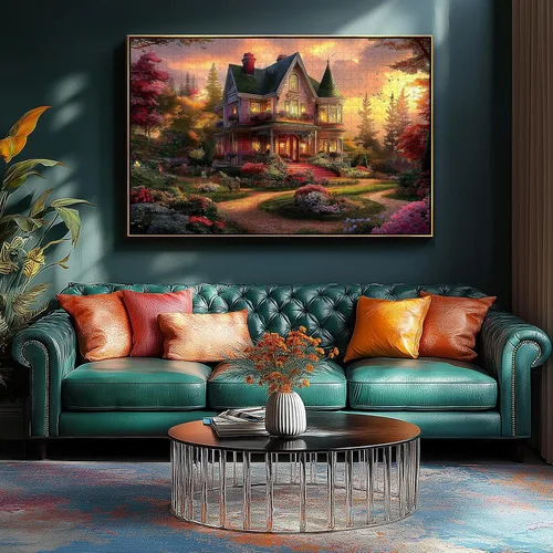 Miniatura 4 de Rompecabezas para adultos de 1000 piezas, rompecabezas de casa victoriana al atardecer para decoración familiar, juego de fiesta, tamaño terminado
