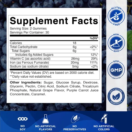 Miniatura 2 de Vitamatic Suplemento de gomitas de hierro para mujeres y hombres, porción de 20 mg, 60 gomitas veganas, vitaminas de gomitas de hierro de gran sabor