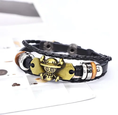 Miniatura 2 de Nuahyaz Pulseras de cuero de anime Sombrero de paja Luffy cráneo regimiento Pulsera de aleación punk, regalo de joyería de cosplay para fanáticos