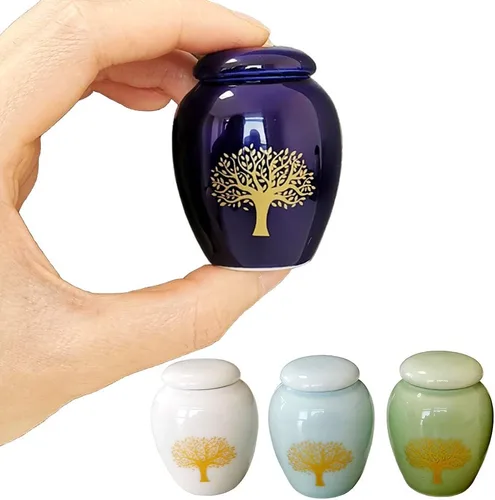 Juego de 4 mini urnas de cremación para cenizas humanas – Urnas pequeñas de recuerdo del árbol de la vida – Soporte de cenizas de cerámica para