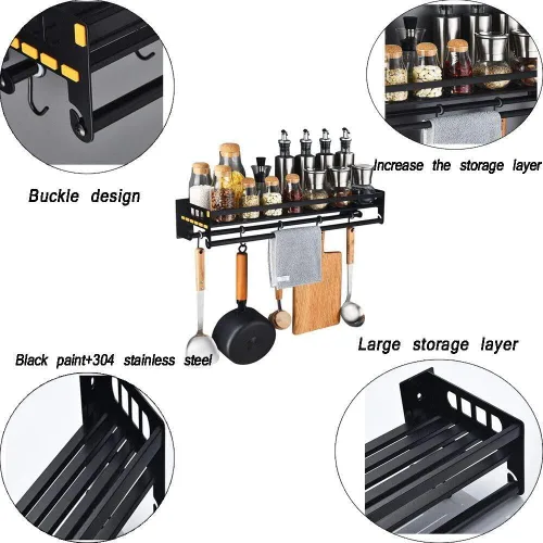 Miniatura 5 de Organizador de especias de acero inoxidable montado en la pared con 5 ganchos para utensilios, acabado negro cepillado, estante de almacenamiento