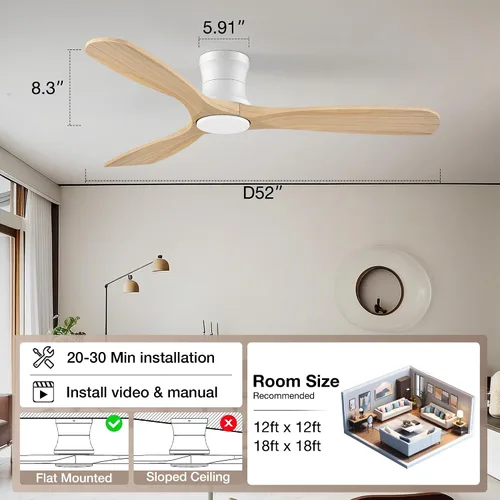 Miniatura 7 de Hoenofly - Ventilador de techo inteligente de 52" de madera con montaje empotrado, luces y control remoto, motor CC silencioso, ventilador de techo