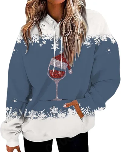 ZJHANHGKK Christmas T Shirts for Women Santa Hat Graphic Xmas Color Block Long Sleeve Tops Loose Fit Pullover Hoodies