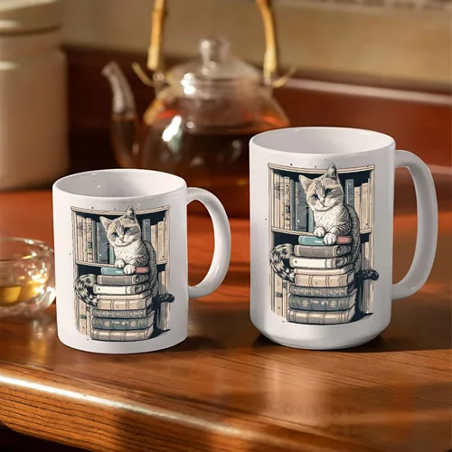 Miniatura 5 de Taza divertida para amantes de los gatos, tazas de biblioteca para amantes de los gatos y los libros, taza de libros y gatos, artículos