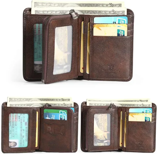 Miniatura 29 de Billetera para hombre con cremallera de cuero genuino RFID tarjeteros de piel de vaca con cremallera bolsillo para monedas, carteras plegables