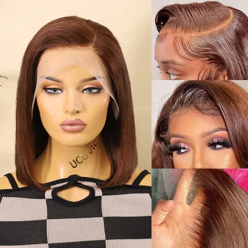 Miniatura 25 de UCUVIC Peluca Bob rizada de cabello humano 13x4, peluca de encaje frontal de alta definición, peluca frontal recta de 180% de densidad, para mujeres