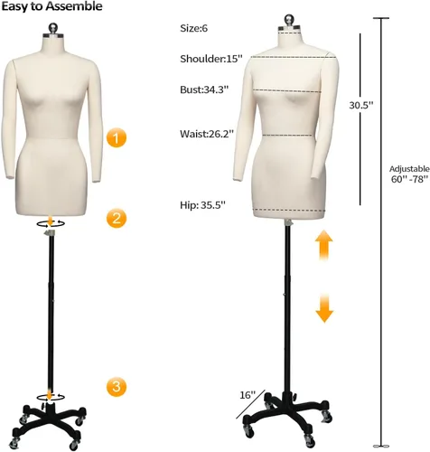 Miniatura 2 de Bonnlo Maniquí de costura femenino, talla 6, forma de vestido profesional para exhibición y diseño a medida, torso ajustable en altura con base