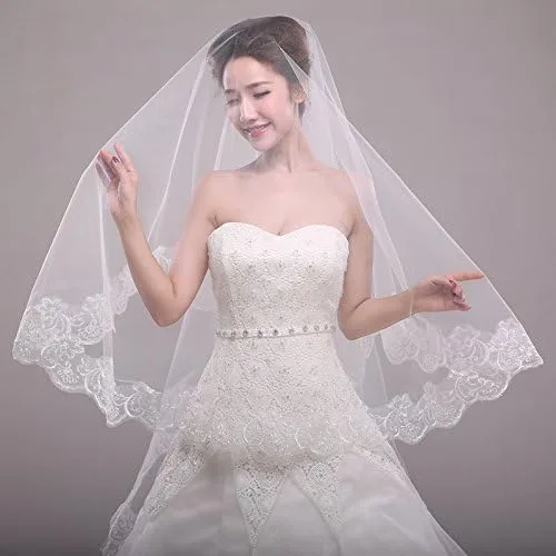 auwiyd Velo de novia de 4.9 ft de encaje marfil largo velo catedral para mujeres y niñas, accesorios de boda, velo de encaje sin peine sin clip para