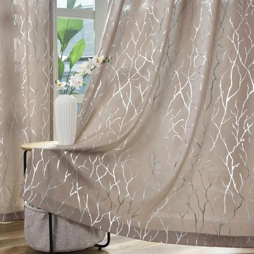 Miniatura 11 de Kotile Cortinas traslúcidas de rama de árbol – Cortinas traslúcidas grises con estampado de rama de árbol en lámina dorada metálica de 63 pulgadas