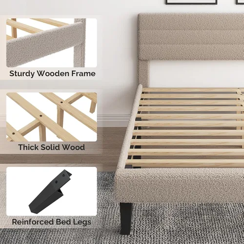 Miniatura 8 de VINGLI Base de cama individual para niños, cama de plataforma tapizada Boucle con cabecera ajustable, soporte de listones de madera resistente, cama