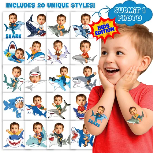 Miniatura 2 de Tatuajes temporales de tiburón personalizados para niños, tatuajes de fotos faciales precortados personalizados, divertidos recuerdos de fiesta