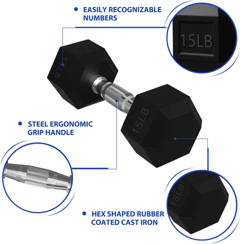 Miniatura 3 de Signature Fitness Rubber Encased Hex Dumbbells with Optional Rack, 10 15 20LB Pairs and 5, 10 and 15 Pairs Weight Sets for Home Gym
