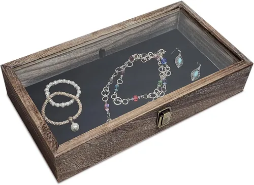 Miniatura 3 de MOOCA Vitrina de madera con tapa de cristal, vitrina de cuchillo de bolsillo con almohadilla de exhibición de joyería de terciopelo MDF de lujo