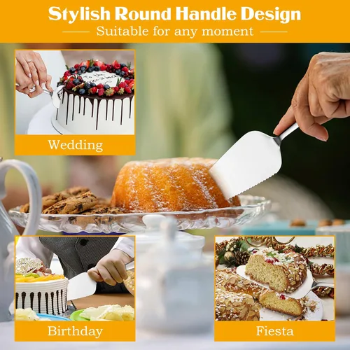 Miniatura 5 de E-far Servidor de pastel de 5 piezas, cortador de espátula de acero inoxidable para pasteles y queso pizza, borde dentado con mango ovalado, pulido